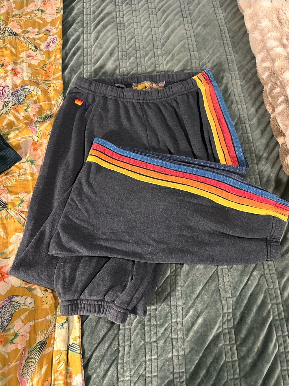 Aviator Nation Charcoal Track Pants with Rainbow Side Stripes